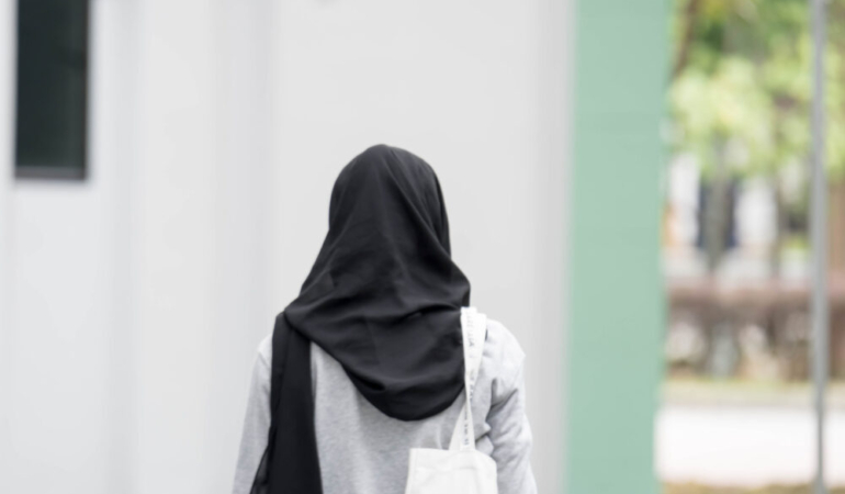Female,Muslim,Girl,Back,View,Walking.,Female,Muslim,Black,Hijab